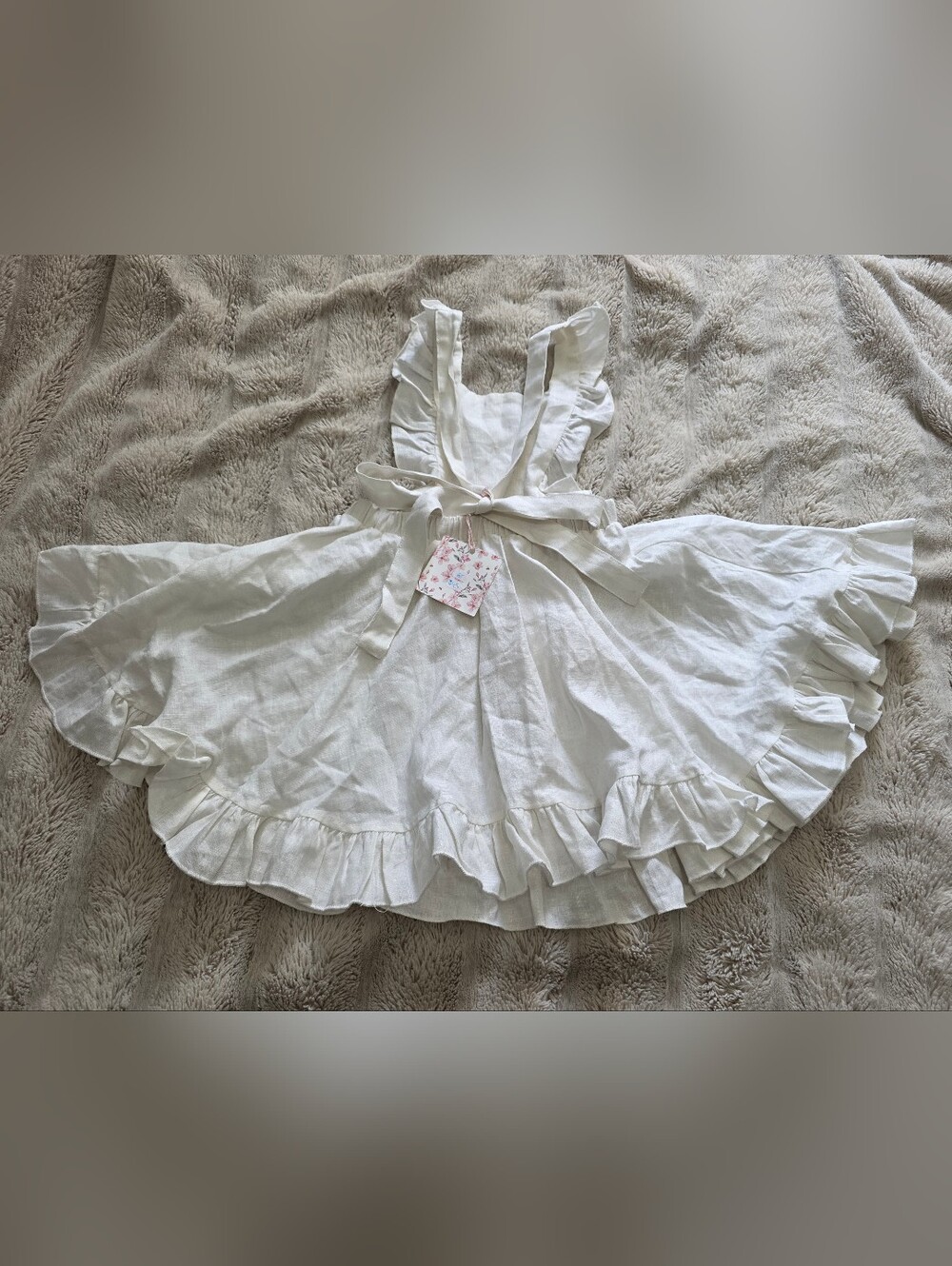 Handmade Girls' White Ruffle Linen Dress with Criss Cross Tie Straps